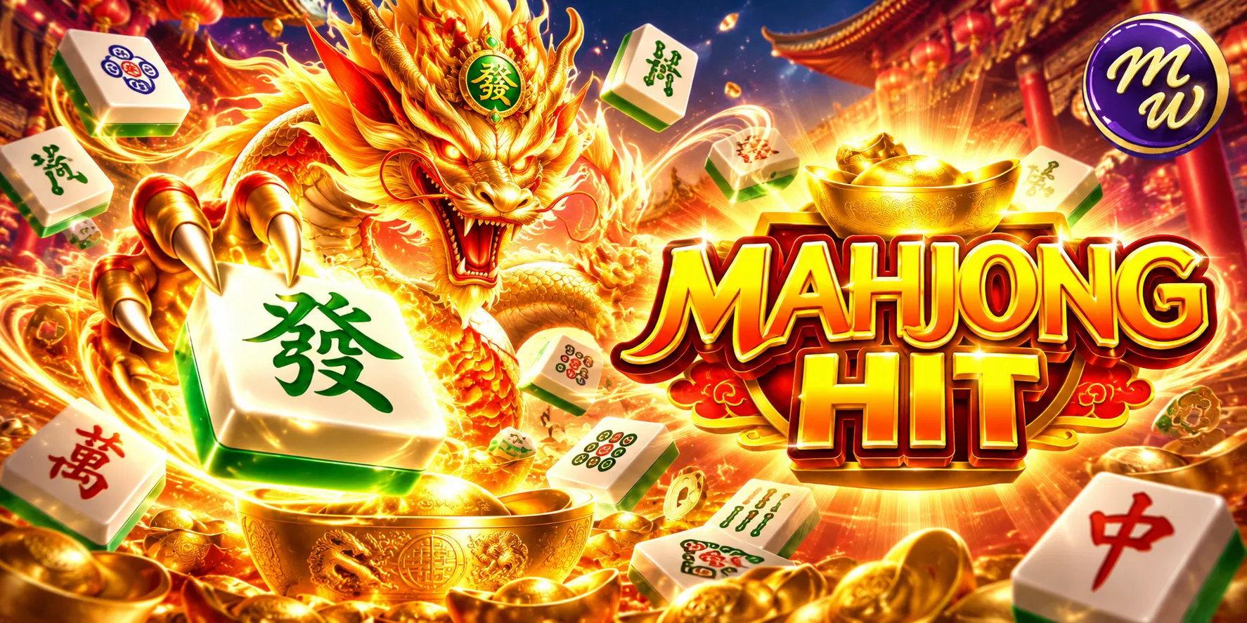 MW Mahjong Hit promotional artwork with a dragon, mahjong tiles and game title