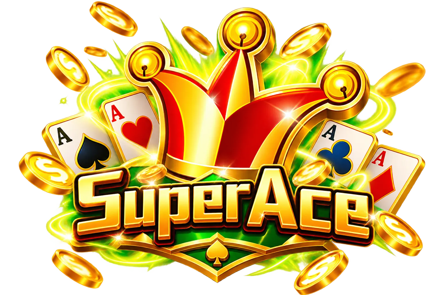Super Ace red and gold jester crown, four ace playing cards and glowing coins