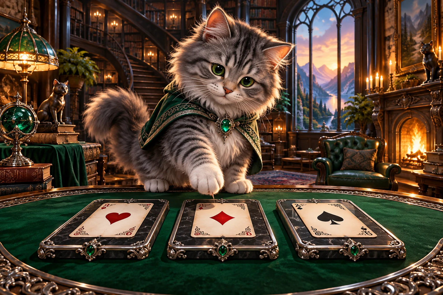 A thoughtful cat deciding which of several playing cards to choose.