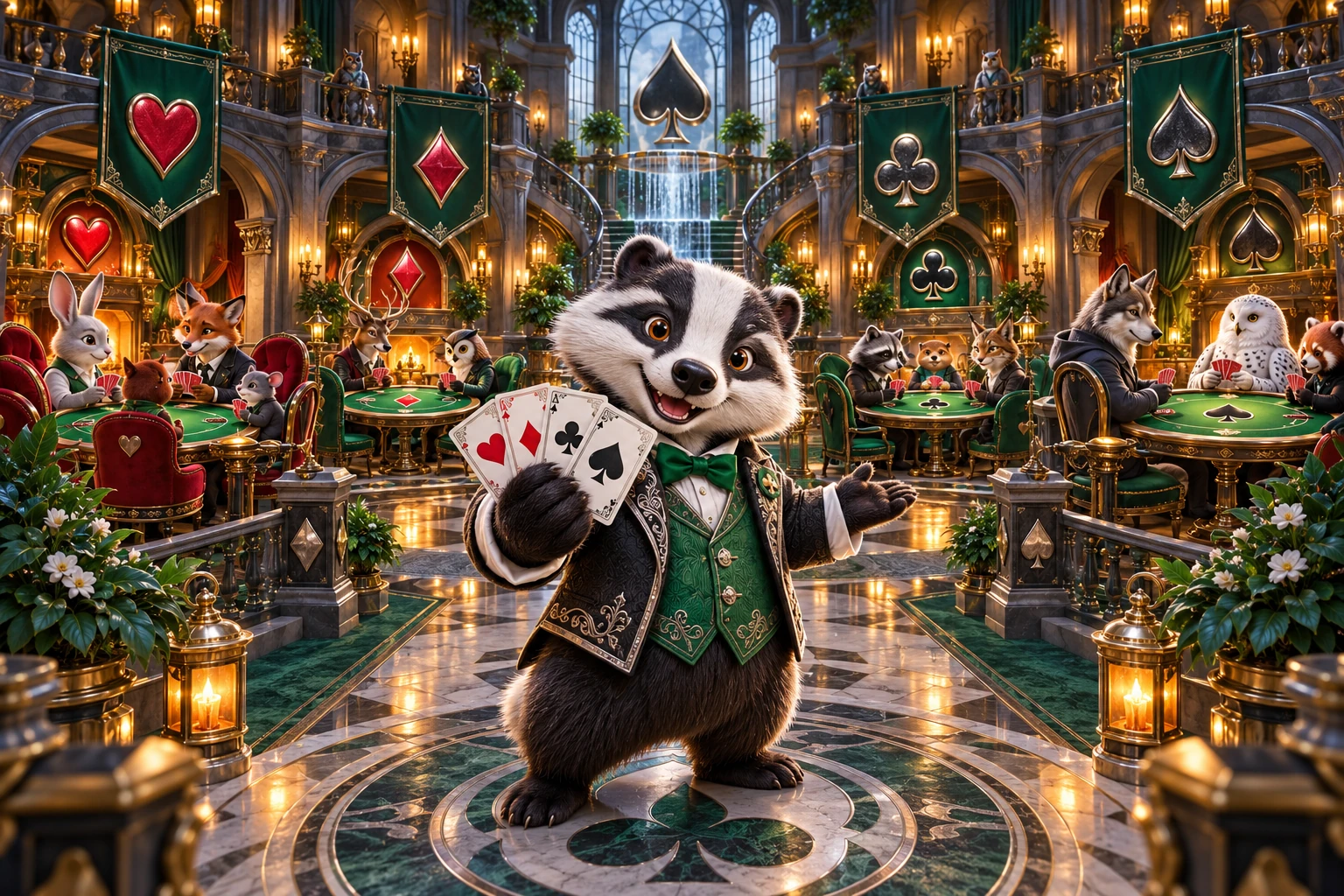 A suit-themed card hall with several distinct tables and a cute badger host.