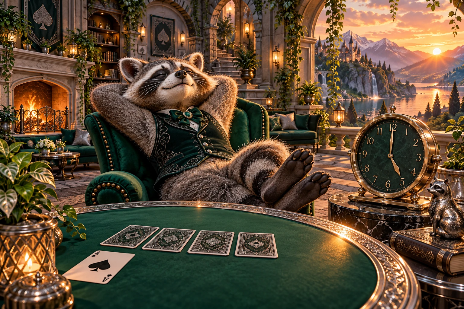 A raccoon pausing a card game for a calming rest beside a clock.