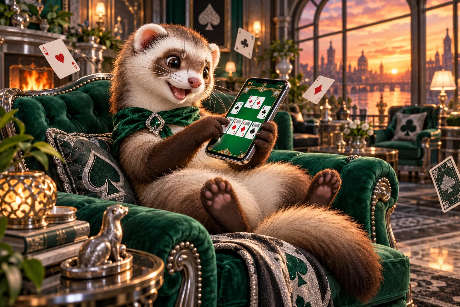 A ferret playing a card game with visible suit symbols on a smartphone.