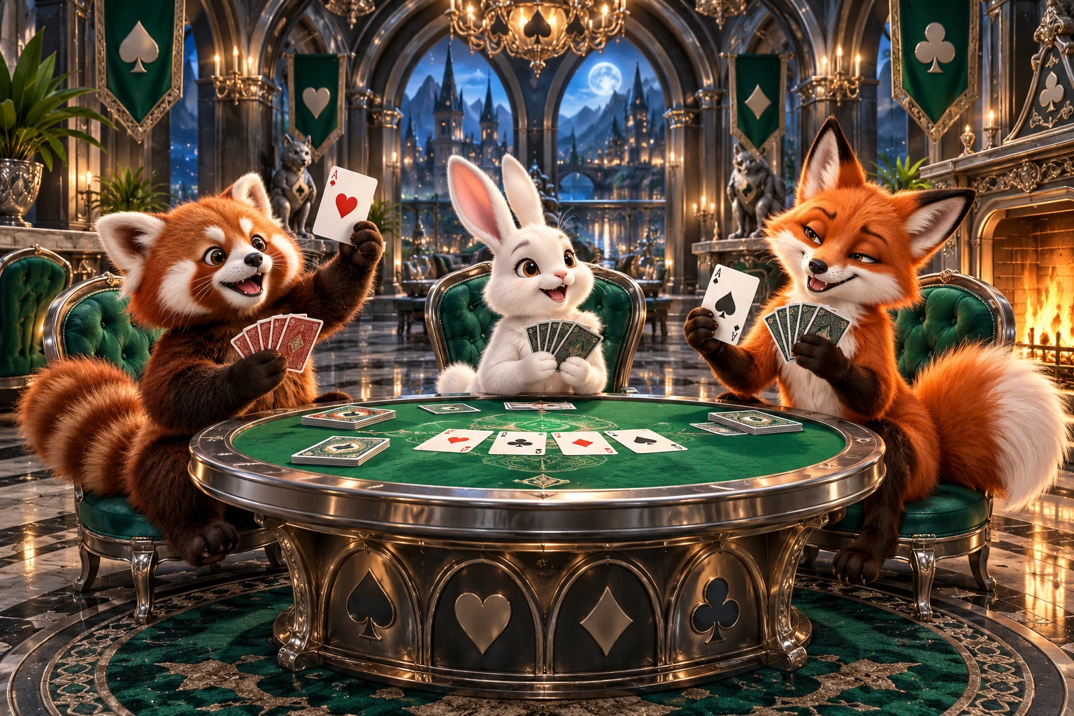 A red panda, rabbit and fox enjoying a multiplayer card game at an emerald table.