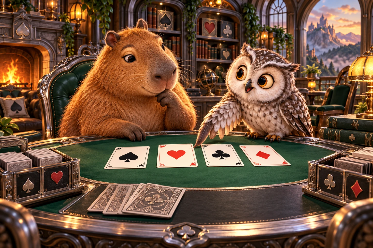 A capybara learning to play cards with help from an owl.