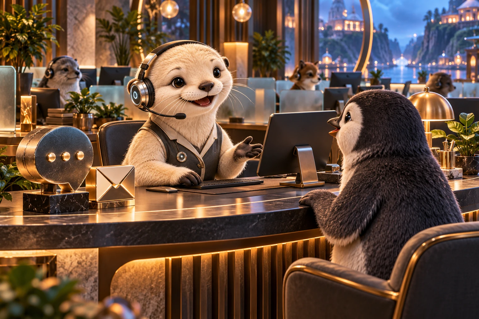 A headset-wearing otter helps a customer in a dimensional service center.