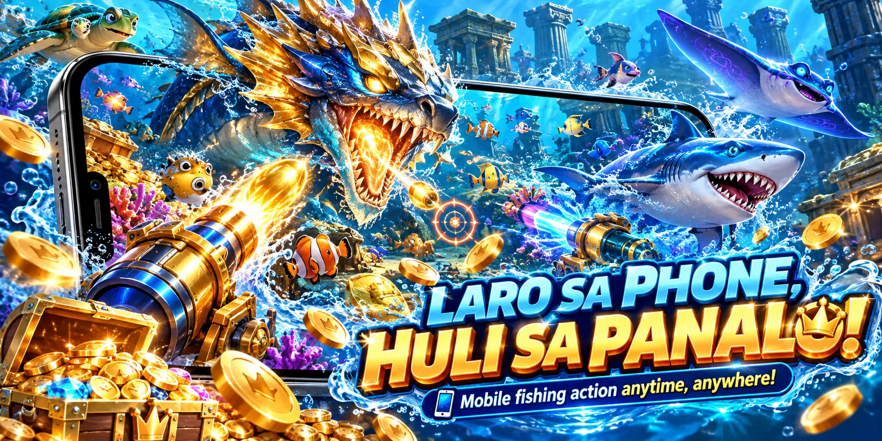 LARO SA PHONE, HULI SA PANALO: horizontal smartphone displaying an underwater fishing battle