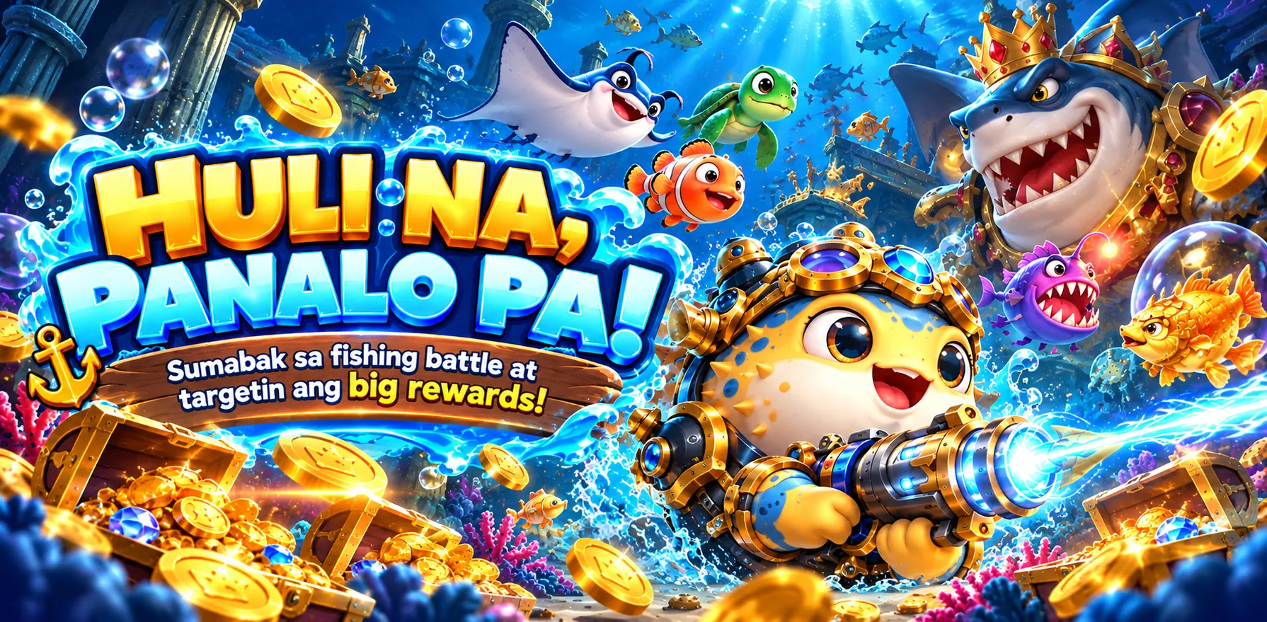 Fish-shooting poster with a pufferfish cannon gunner, crowned shark boss and underwater ruins