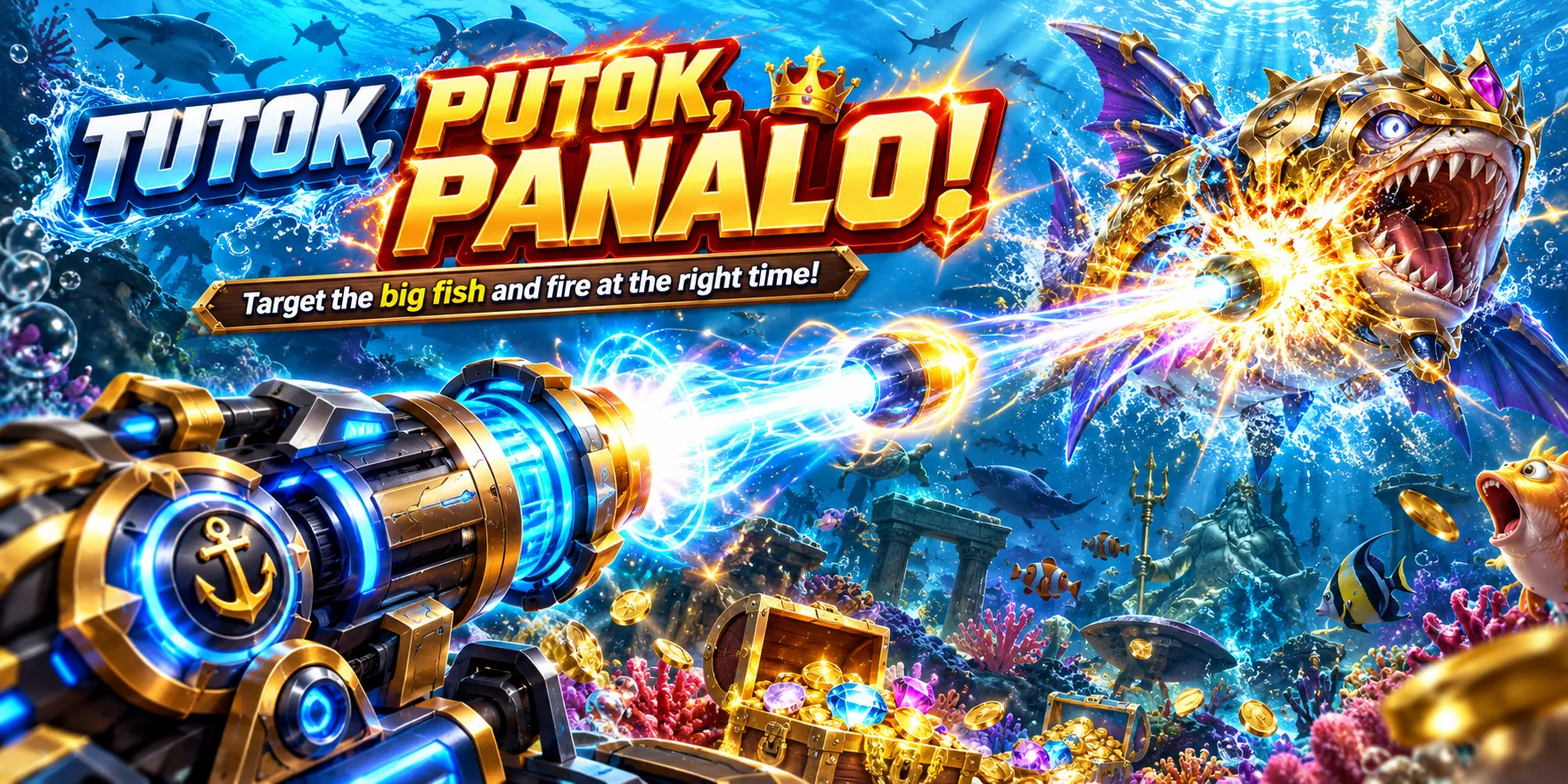 TUTOK, PUTOK, PANALO: fish-shooting cannon aiming and firing at an underwater boss