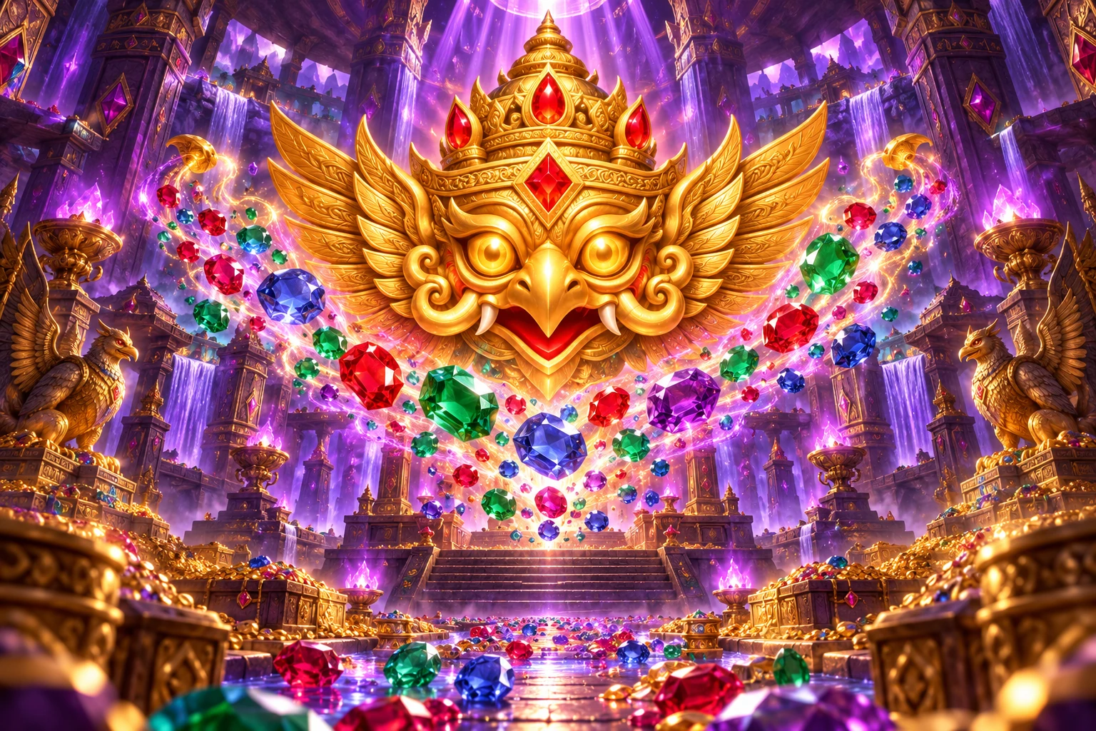 Original Fortune Gems winged golden bird-deity mask rises among colorful gems in a violet temple.