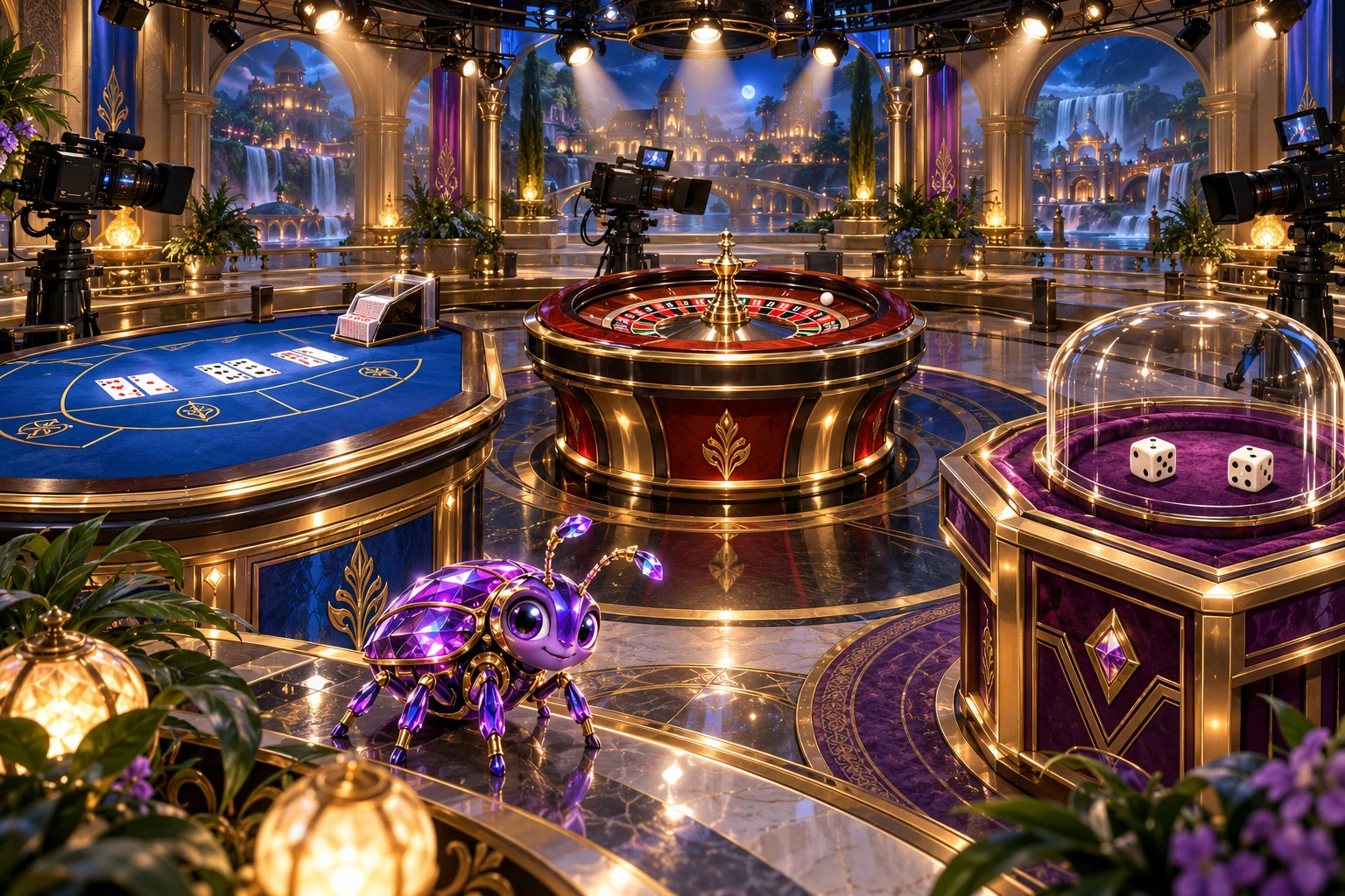 Three distinct live baccarat, roulette, and dice stations with broadcast cameras.