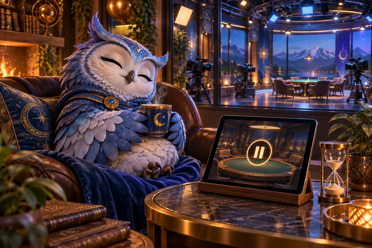 Owl creature pauses a live stream and rests beside a sand timer.