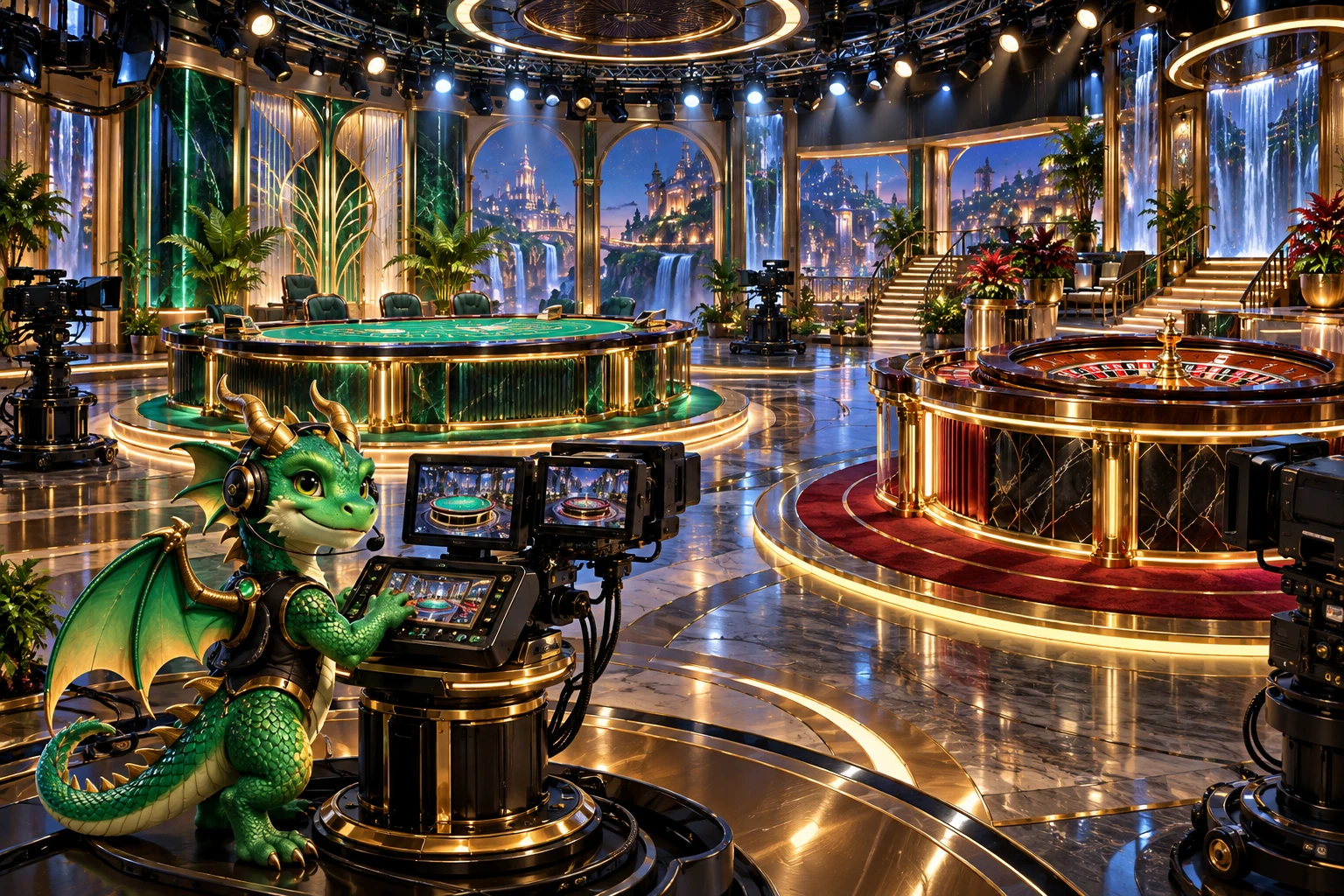 Nonhuman production mascot in a grand live baccarat and roulette broadcast studio.