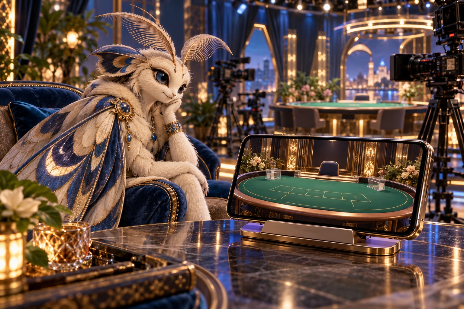 Horizontal phone shows a live card-table broadcast in a rich studio lounge.