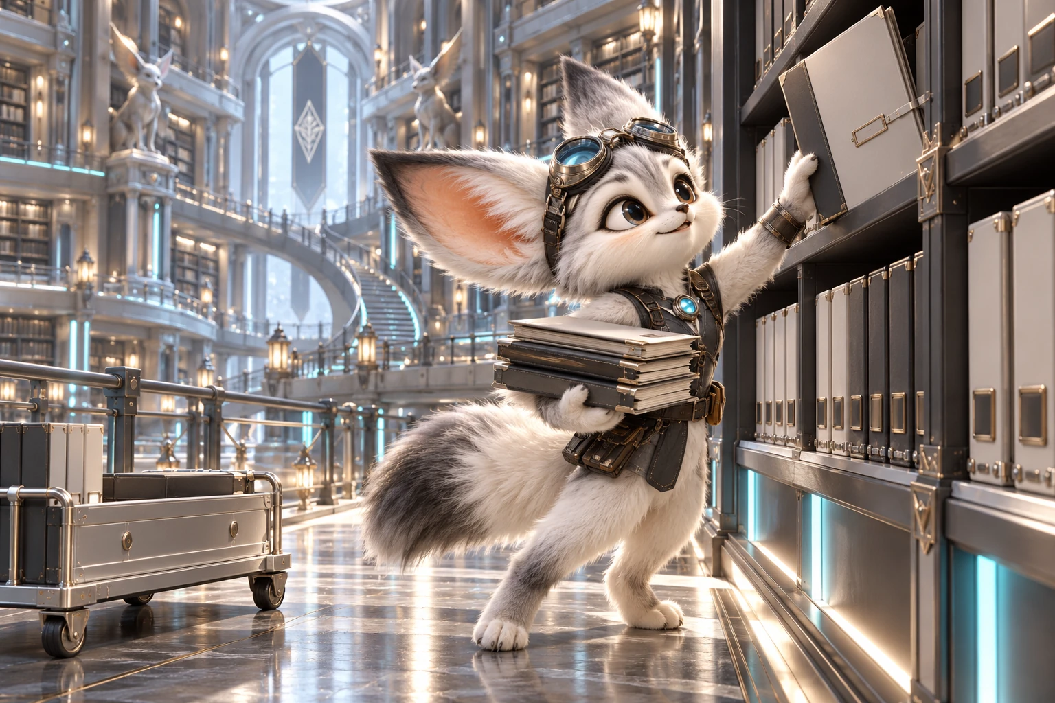 A fluffy data custodian organizes protected folders in a luminous secure archive.