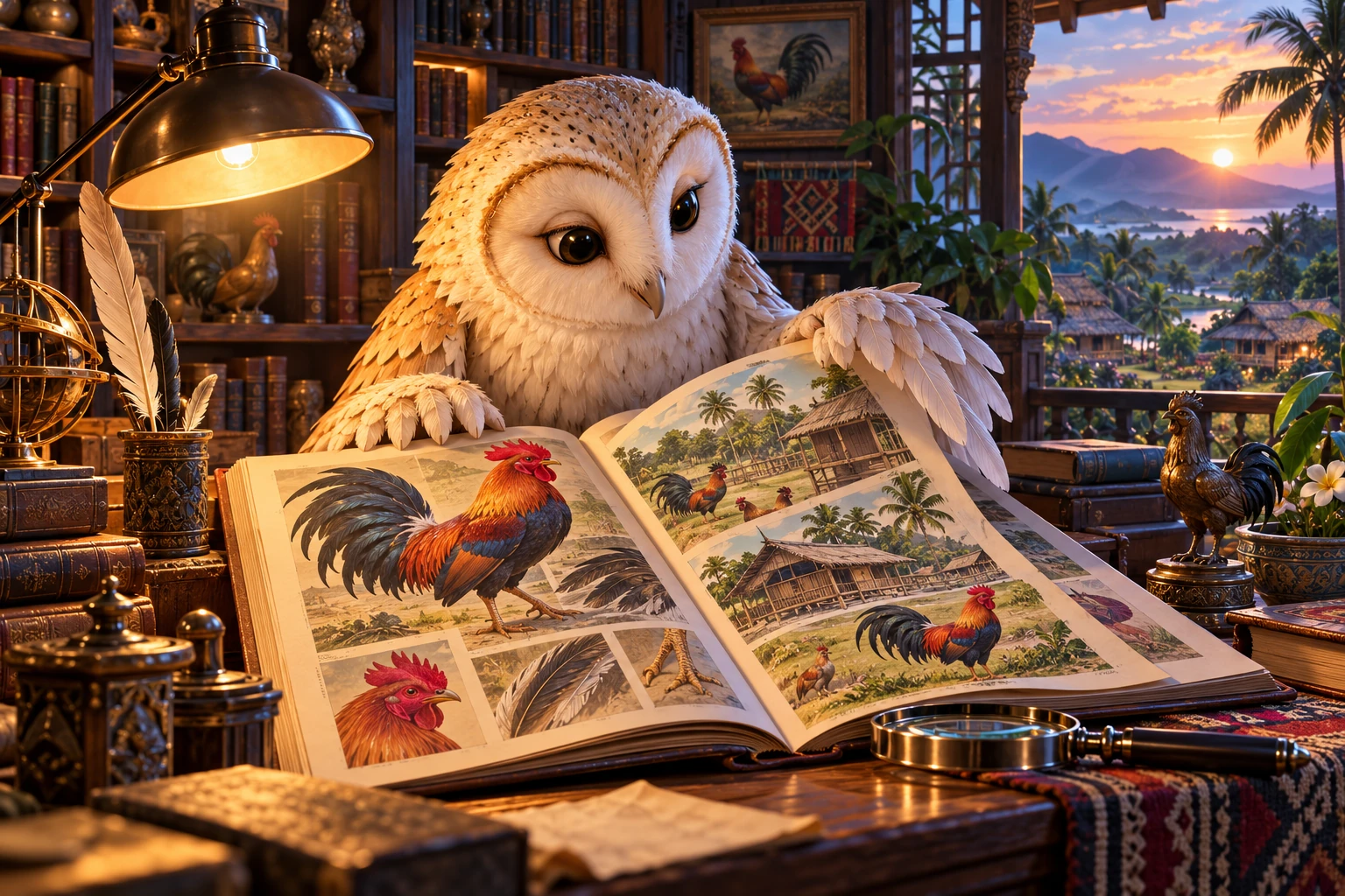 An owl studies a picture-only rooster guide in a layered library.