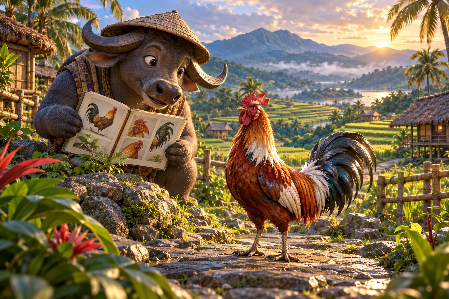 A healthy rooster and carabao guide in the Philippine countryside.