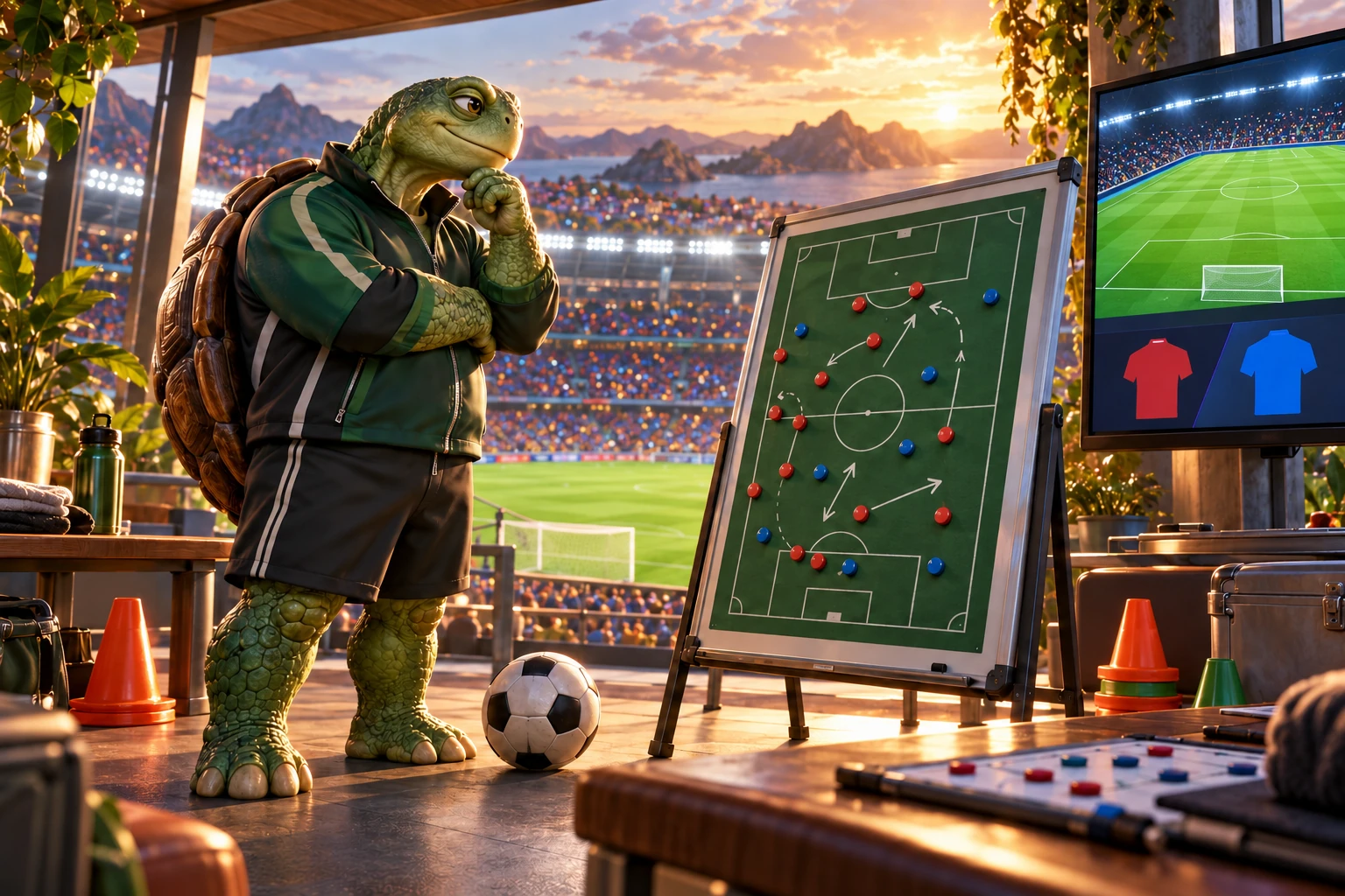 Nonhuman coach reviews a pitch tactics board and match information overlooking a stadium.
