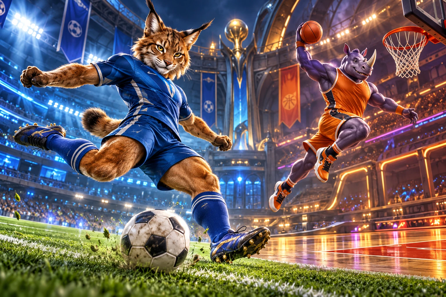 Nonhuman football and basketball athletes in action in a dramatic stadium.