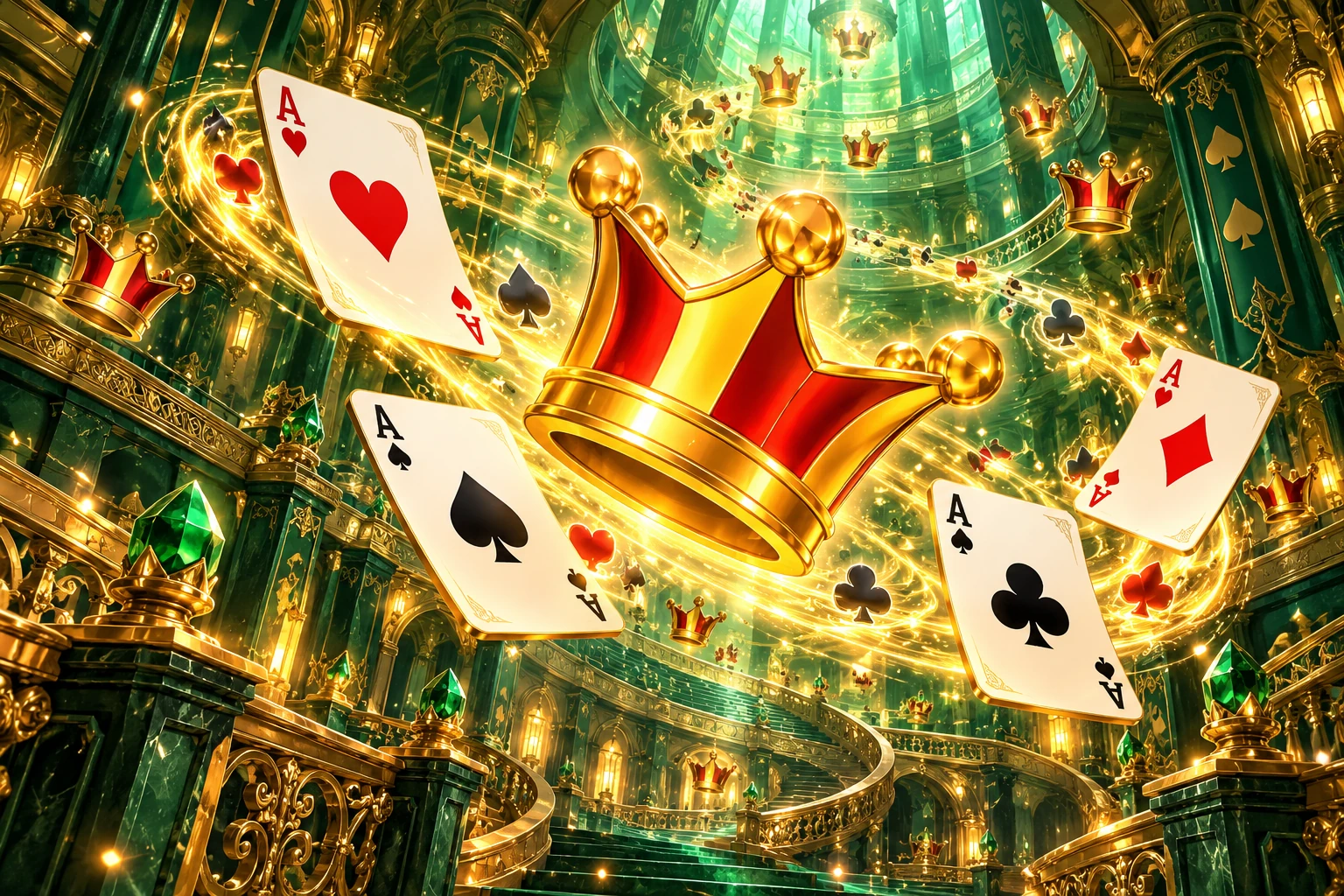 Super Ace red-and-gold crowns and four ace cards cascade through an emerald palace.
