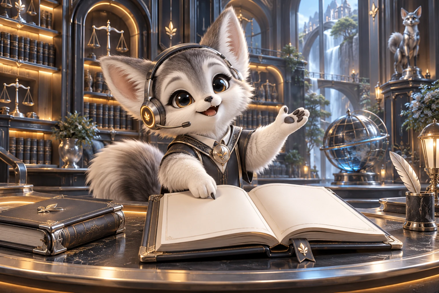 A friendly headset creature helps explain an open rules book at a service desk.