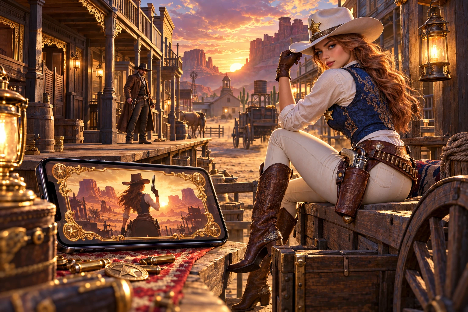 A horizontal phone shows Wild Bounty Showdown beside its sheriff in a sunset western town.